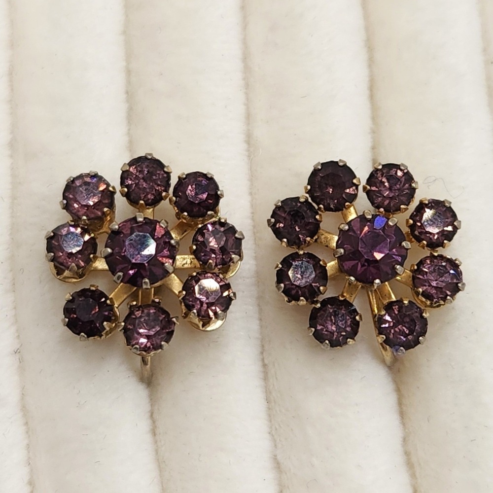 Coro Vintage Purple Rhinestone Flower Screwback Earrings Gold Tone MCM Glam